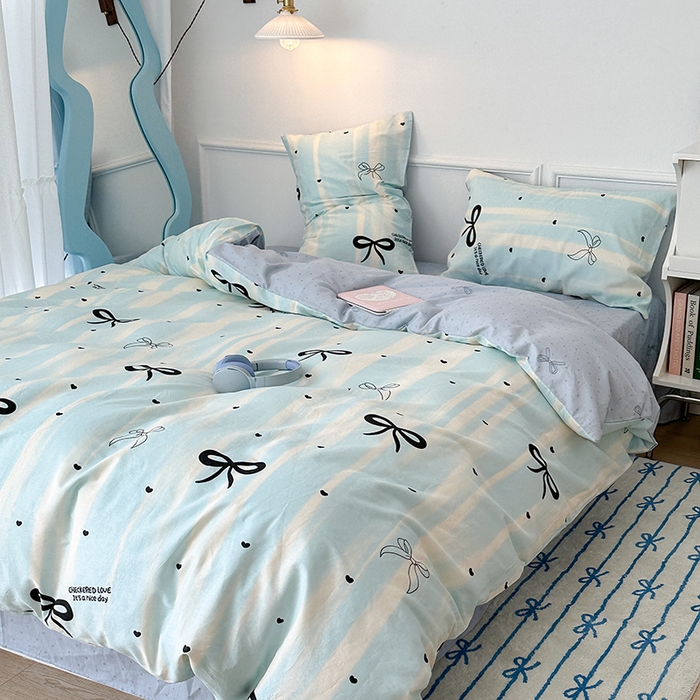 91家纺网 家纺一手货源 找家纺 昔可家纺 2024新款13070全棉四件套系列第二批 奶蓝条蝴蝶结