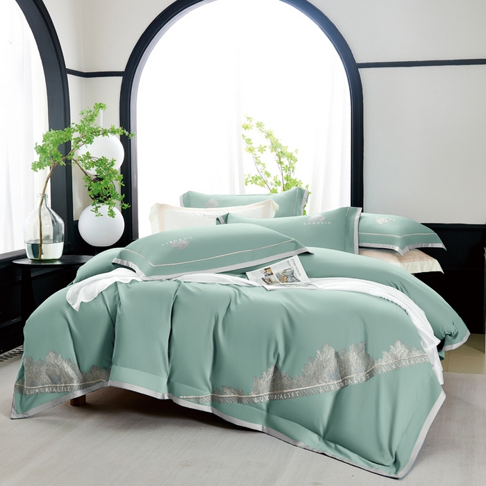 91家纺网 家纺一手货源 找家纺 U品汇 2024新品生态加厚长绒棉纯棉绣花100S全棉磨毛刺绣四件套高级50支双股 加州风情-松石绿