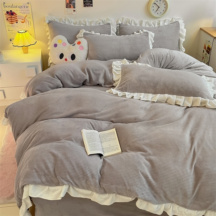 91家纺网 家纺一手货源 找家纺 星座家纺 2025新款华夫格花边款牛奶绒四件套 华夫格-火山灰