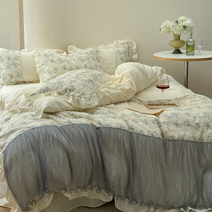 91家纺网 家纺一手货源 找家纺 轻奢坊 2024新款水洗棉剪花四件套-风格二 古韵蝶纱