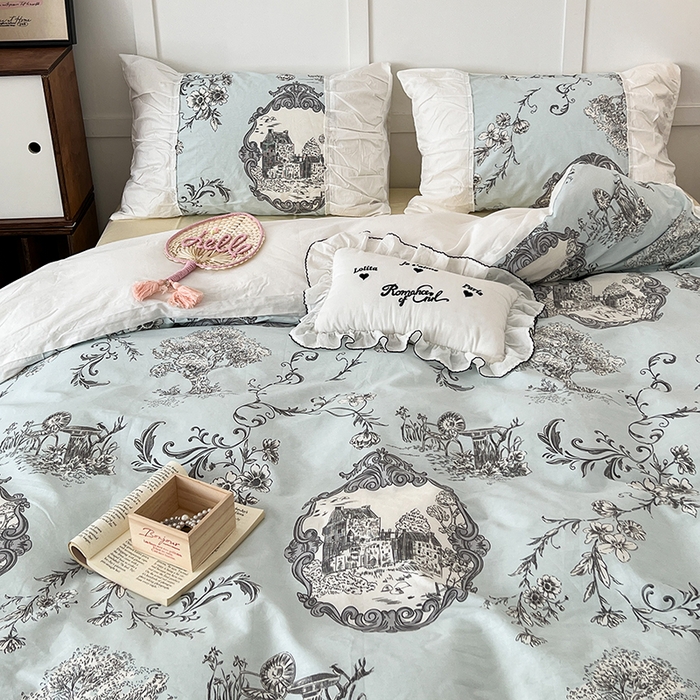 91家纺网 家纺一手货源 找家纺 昔可家纺 2024新款韩版花边工艺款轻奢四件套 复古城堡