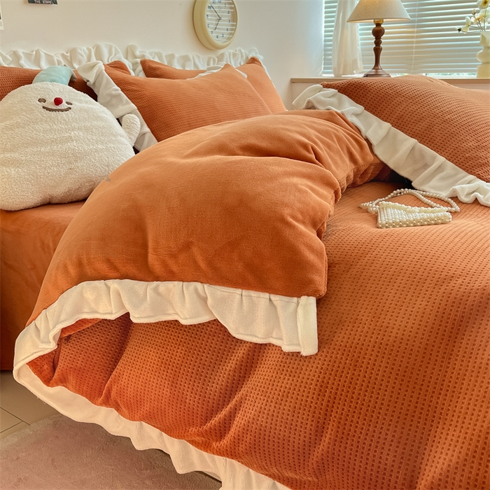 91家纺网 家纺一手货源 找家纺 星座家纺 2025新款华夫格花边款牛奶绒四件套 华夫格-亮橙