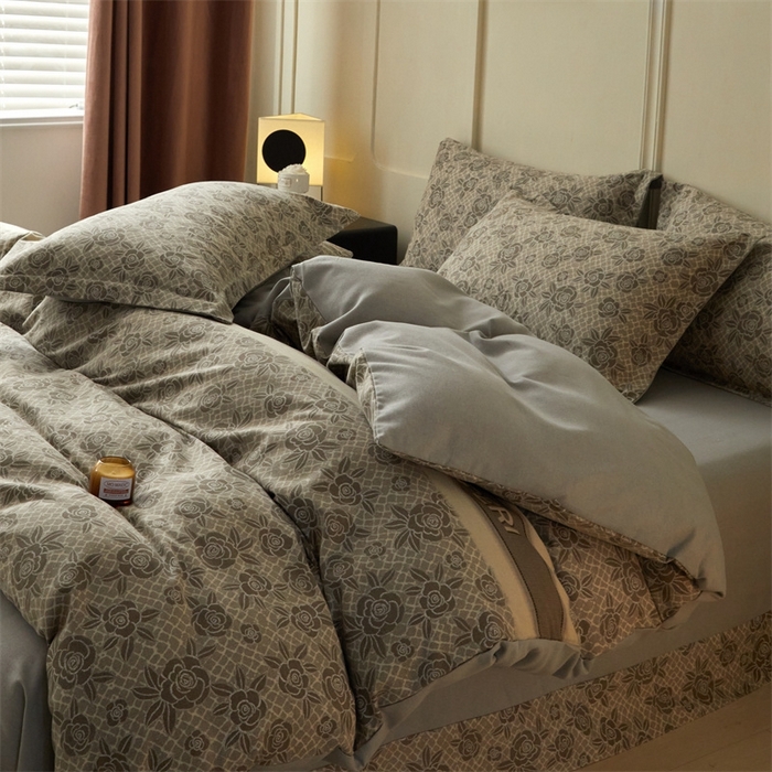 91家纺网 家纺一手货源 找家纺 启程家纺 2024全棉生态磨毛印花四件套 玫瑰-灰