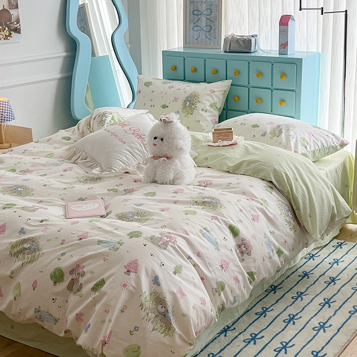 91家纺网 家纺一手货源 找家纺 昔可家纺 2024新款13372全棉亲肤四件套-小清新系列 奶芙小狗