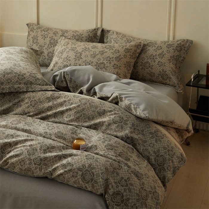 91家纺网 家纺一手货源 找家纺 启程家纺 2024全棉生态磨毛印花四件套 玫瑰-灰