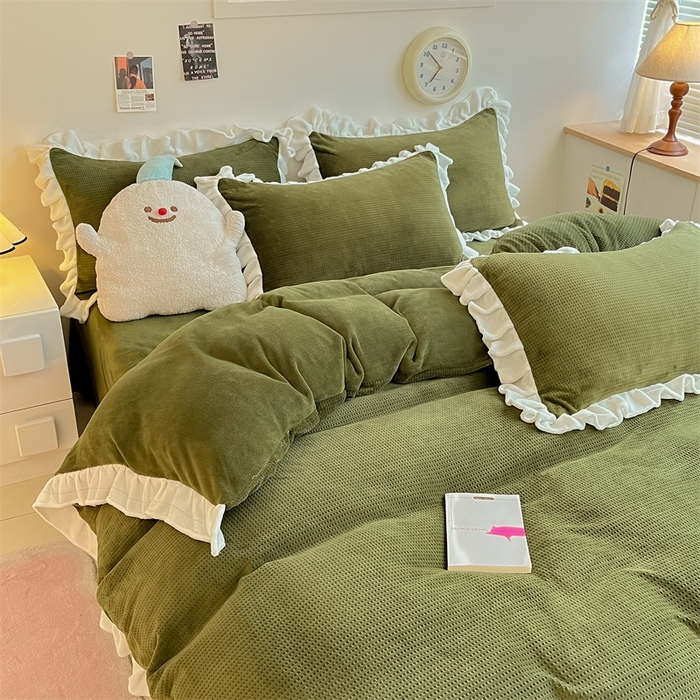 91家纺网 家纺一手货源 找家纺 星座家纺 2025新款华夫格花边款牛奶绒四件套 华夫格-橄榄绿