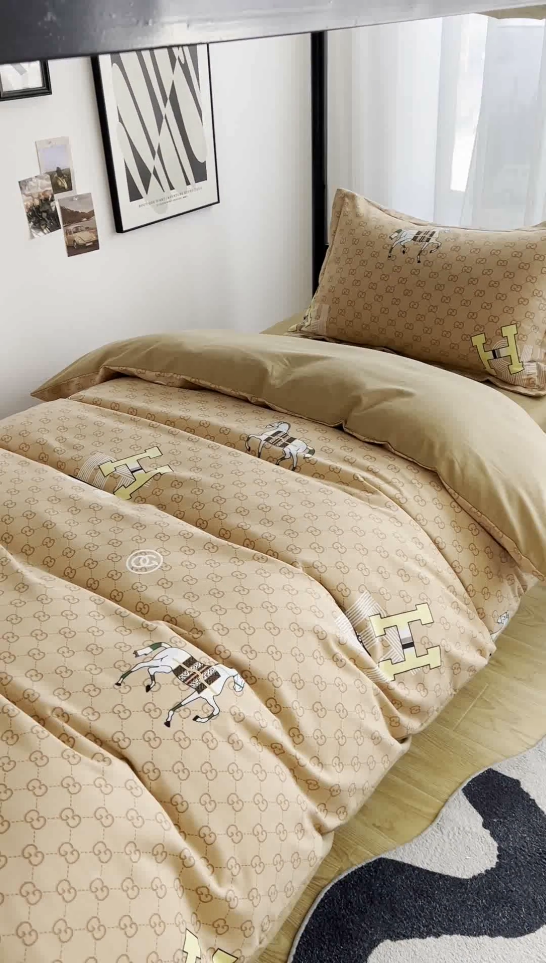 91家纺网 家纺一手货源 找家纺 慕木 2025新款A类印花阳光暖绒棉高克重170克学生宿舍床三件套被芯床垫枕芯上下铺六件套 爱马仕-咖