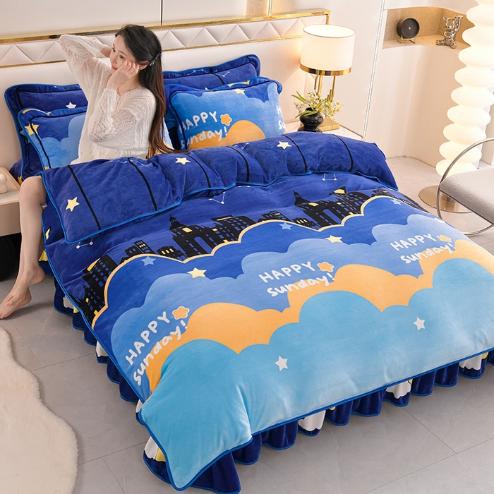 91家纺网 家纺一手货源 找家纺 芯诗曼2025新款8.5斤直播热款高克重牛奶绒法莱绒水晶金貂法莱绒四件套鹿鹿有你