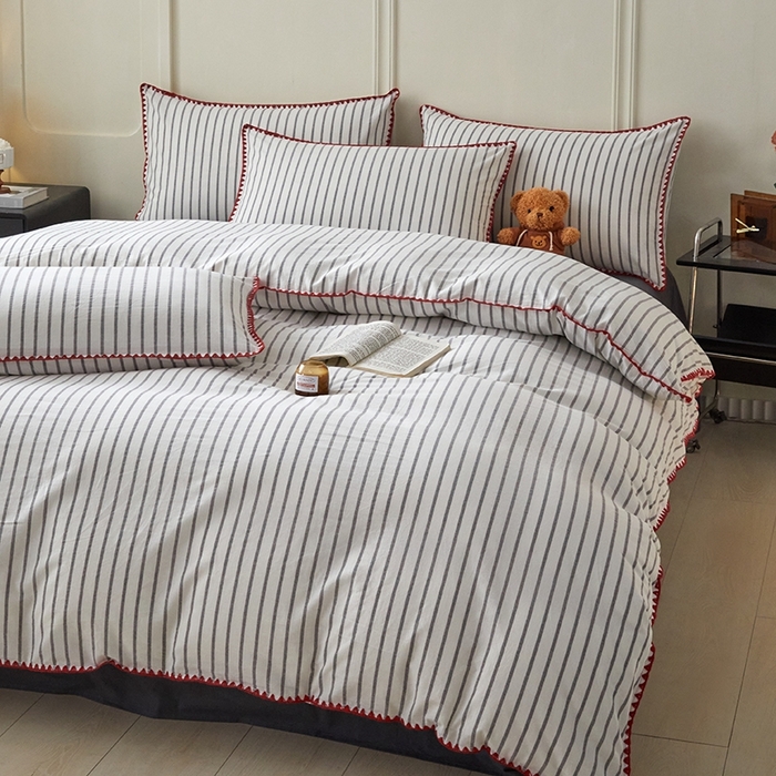 91家纺网 家纺一手货源 找家纺 吉象家纺 2024新款A类全棉色织水洗棉贝壳边三角针四件套    时光浅灰