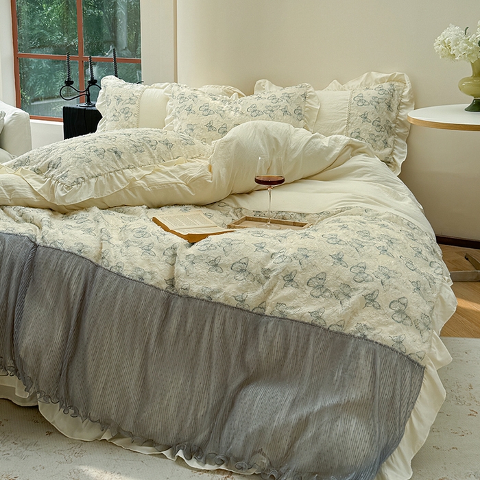 91家纺网 家纺一手货源 找家纺 轻奢坊 2024新款水洗棉剪花四件套-风格二 古韵蝶纱