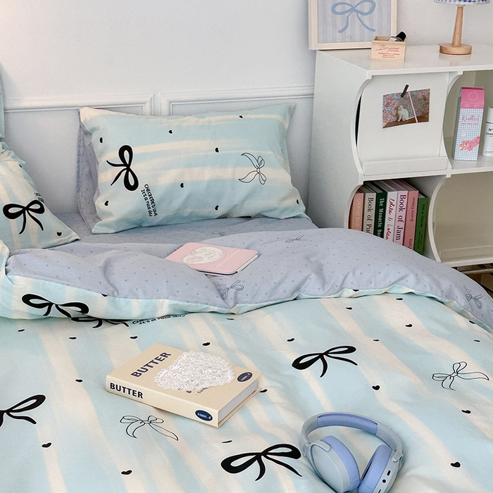 91家纺网 家纺一手货源 找家纺 昔可家纺 2024新款13070全棉四件套系列第二批 奶蓝条蝴蝶结