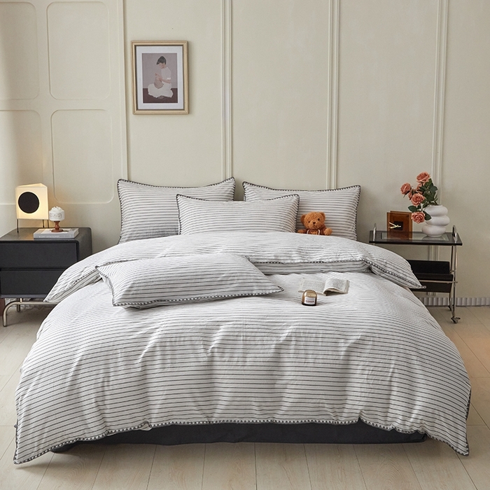 91家纺网 家纺一手货源 找家纺 吉象家纺 2024新款A类全棉色织水洗棉贝壳边三角针四件套    时光横条