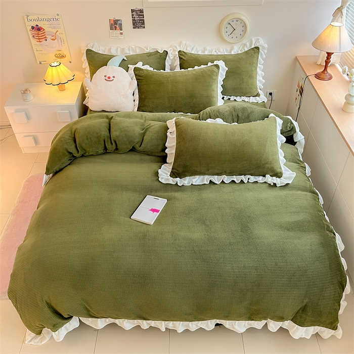 91家纺网 家纺一手货源 找家纺 星座家纺 2025新款华夫格花边款牛奶绒四件套 华夫格-橄榄绿