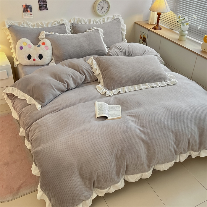 91家纺网 家纺一手货源 找家纺 星座家纺 2025新款华夫格花边款牛奶绒四件套 华夫格-火山灰