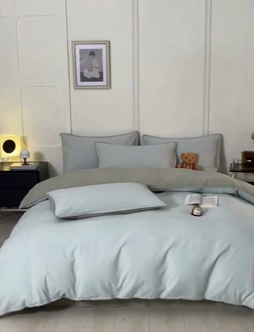 91家纺网 家纺一手货源 找家纺 吉象家纺 2024新款A类全棉色织水洗棉贝壳边三角针四件套    秘境浅绿