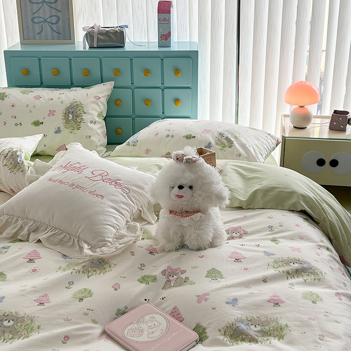 91家纺网 家纺一手货源 找家纺 昔可家纺 2024新款13372全棉亲肤四件套-小清新系列 奶芙小狗