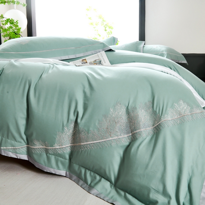 91家纺网 家纺一手货源 找家纺 U品汇 2024新品生态加厚长绒棉纯棉绣花100S全棉磨毛刺绣四件套高级50支双股 加州风情-松石绿