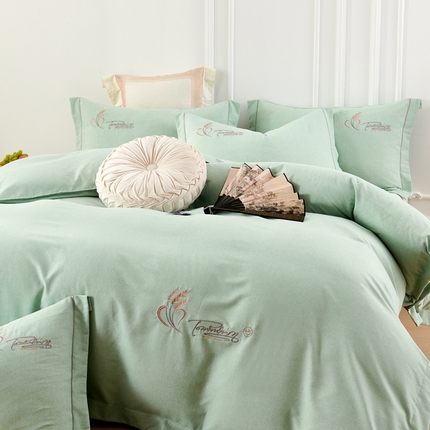 U品汇 2024新品生态加厚长绒棉纯棉绣花40S全棉磨毛刺绣四件套宽边款 七里香-青翠绿