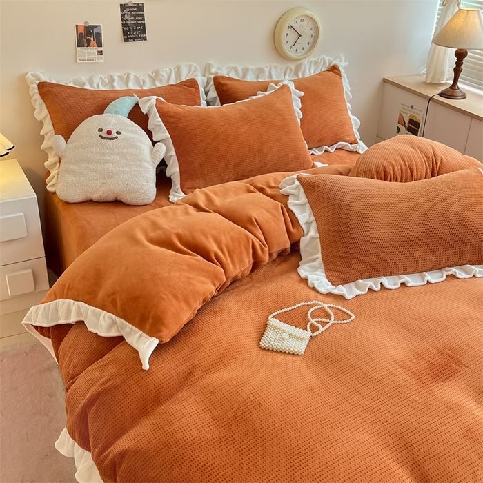 91家纺网 家纺一手货源 找家纺 星座家纺 2025新款华夫格花边款牛奶绒四件套 华夫格-亮橙