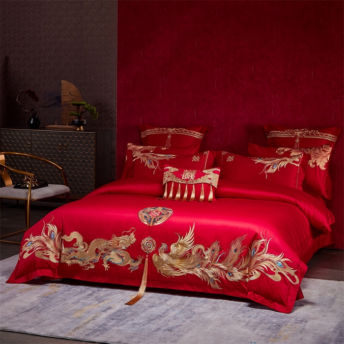 91家纺网 家纺一手货源 找家纺 宏羽纺家纺 2024新款13372纯棉婚庆套件系列 龙凤戏珠