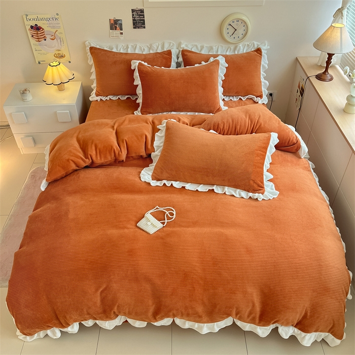 91家纺网 家纺一手货源 找家纺 星座家纺 2025新款华夫格花边款牛奶绒四件套 华夫格-亮橙