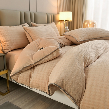 菡宝 2024新款贝壳边雕花绒四件套 菱形格-杏