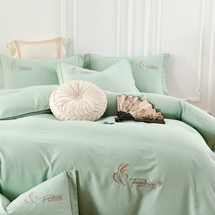 91家纺网 家纺一手货源 找家纺 U品汇 2024新品生态加厚长绒棉纯棉绣花40S全棉磨毛刺绣四件套宽边款 七里香-青翠绿