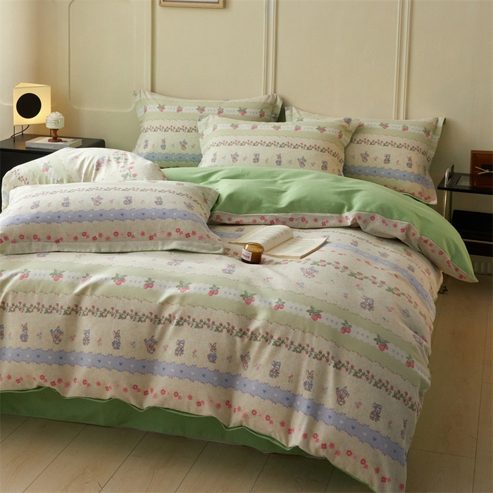 91家纺网 家纺一手货源 找家纺 启程家纺 2024全棉生态磨毛印花四件套 花枝兔