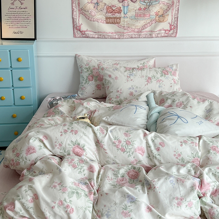 91家纺网 家纺一手货源 找家纺 昔可家纺 2024新款13372全棉亲肤四件套-小清新系列 芮蔓花园