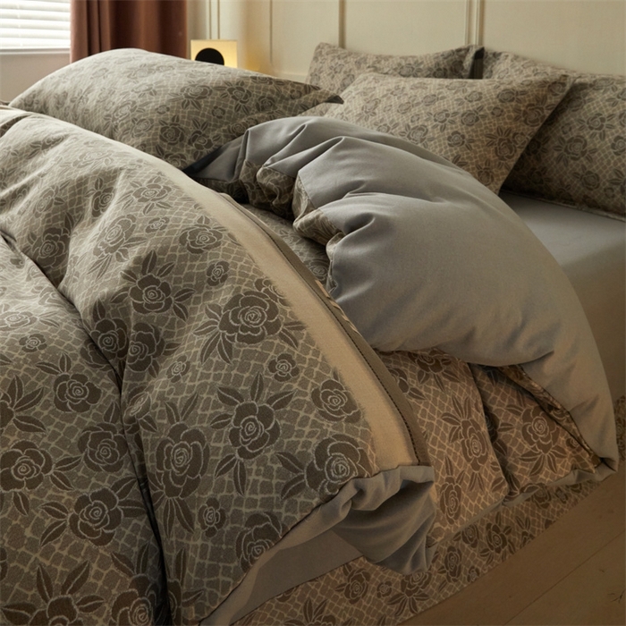 91家纺网 家纺一手货源 找家纺 启程家纺 2024全棉生态磨毛印花四件套 玫瑰-灰