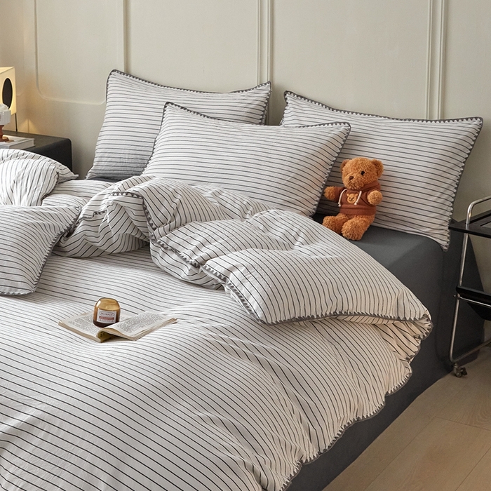 91家纺网 家纺一手货源 找家纺 吉象家纺 2024新款A类全棉色织水洗棉贝壳边三角针四件套    时光横条