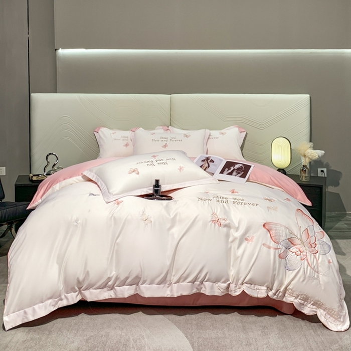 91家纺网 家纺一手货源 找家纺 梧桐家居 2024新款冰丝四件套-蝴蝶 蝴蝶-白粉