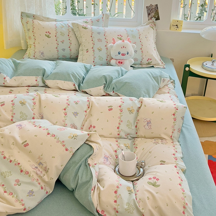 91家纺网 家纺一手货源 找家纺 2024新款全棉印花磨毛系列四件套 花花仙兔