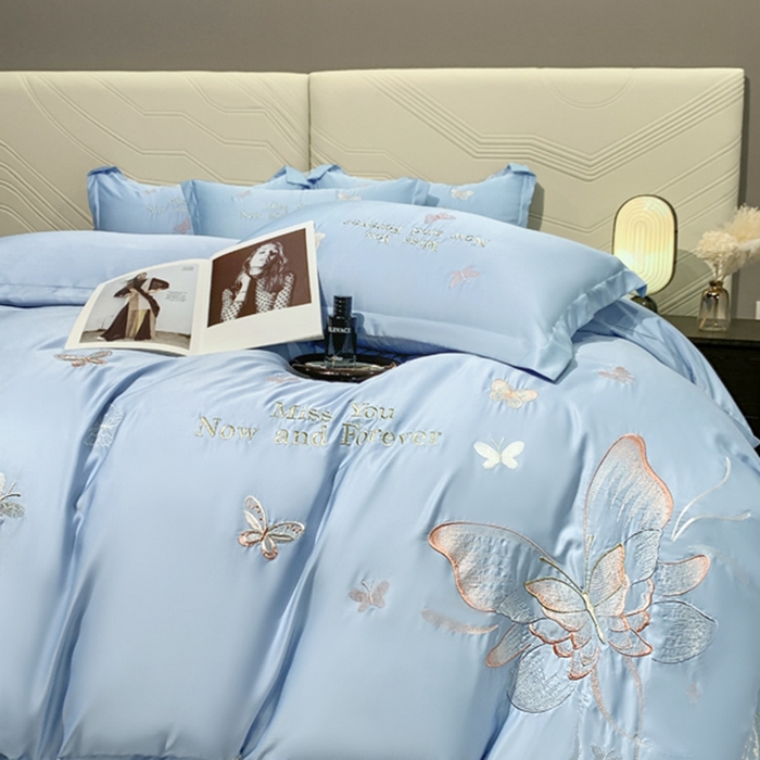 91家纺网 家纺一手货源 找家纺 梧桐家居 2024新款冰丝四件套-蝴蝶 蝴蝶-天蓝