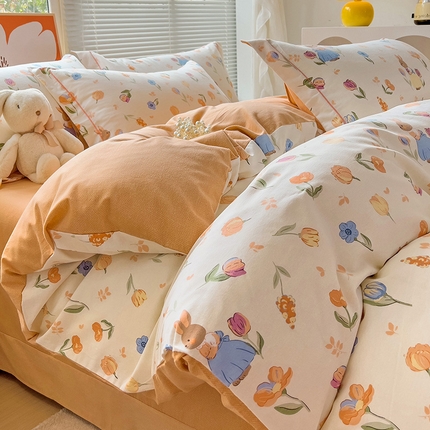 91家纺网 家纺一手货源 找家纺 2024新款全棉印花磨毛系列四件套 小兔庄园