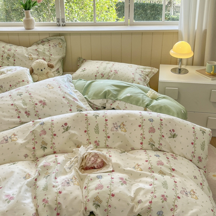 91家纺网 家纺一手货源 找家纺 菲梵家纺 2025新款喷气小清新全棉印花四件套（预留缩水） 田园兔