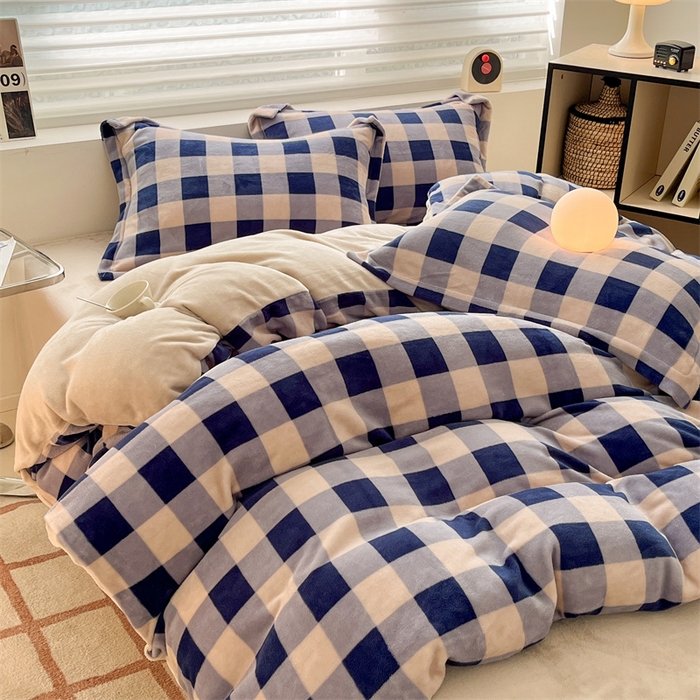 91家纺网 家纺一手货源 找家纺 启程家纺 2024新款无印风A类牛奶绒四件套 大格子-蓝灰