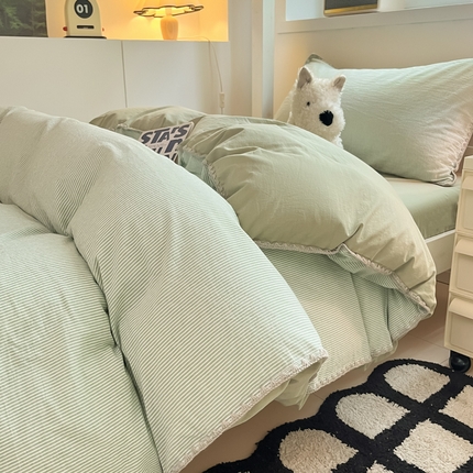 吉象家纺 2025新款全棉水洗棉三角针学生三件套四件套 秘境-浅绿