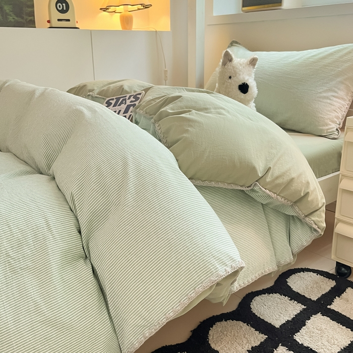 91家纺网 家纺一手货源 找家纺 吉象家纺 2025新款全棉水洗棉三角针学生三件套四件套 秘境-浅绿