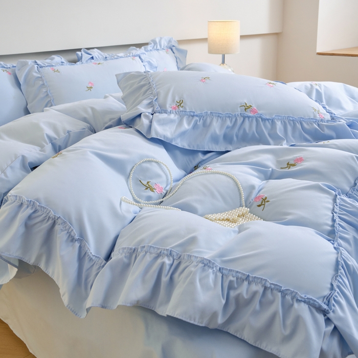 91家纺网 家纺一手货源 找家纺 梧桐家居 2024新款水洗棉四件套-玫瑰 玫瑰-天蓝