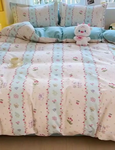 91家纺网 家纺一手货源 找家纺 2024新款全棉印花磨毛系列四件套 花花仙兔