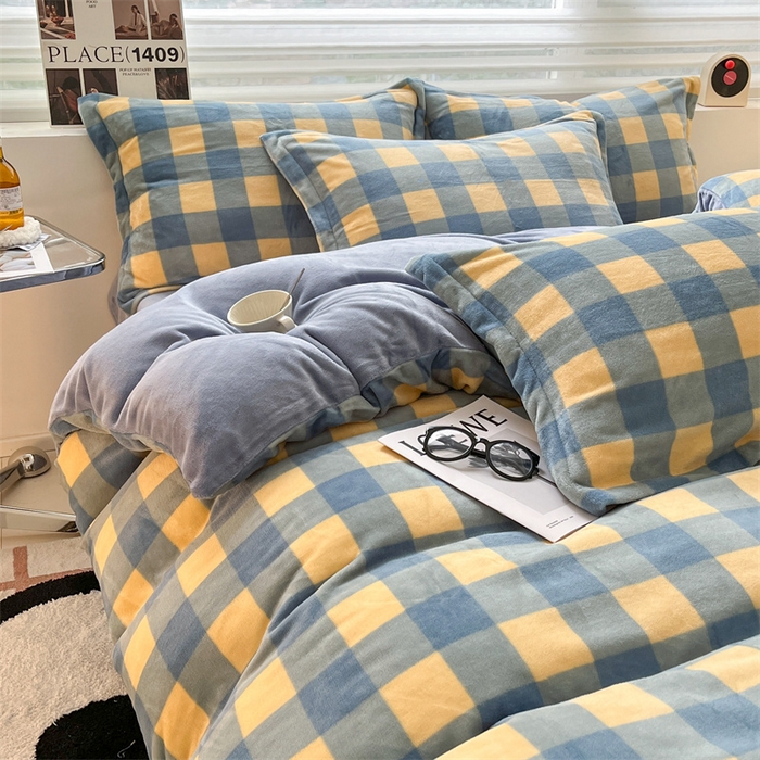 91家纺网 家纺一手货源 找家纺 启程家纺 2024新款无印风A类牛奶绒四件套 大格子-蓝黄