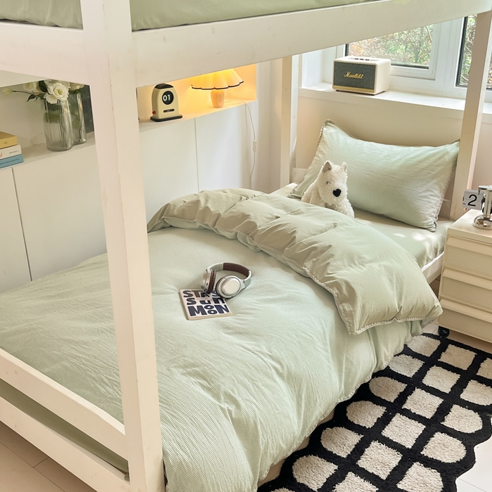 91家纺网 家纺一手货源 找家纺 吉象家纺 2025新款全棉水洗棉三角针学生三件套四件套 秘境-浅绿