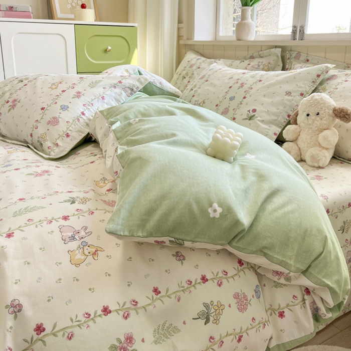 91家纺网 家纺一手货源 找家纺 菲梵家纺 2025新款喷气小清新全棉印花四件套（预留缩水） 田园兔