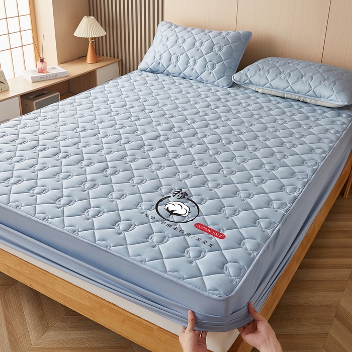 91家纺网 家纺一手货源 找家纺 卡派 2024新款水洗棉棉花床笠 棉花-蓝灰