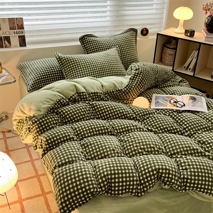 91家纺网 家纺一手货源 找家纺 启程家纺 2024新款无印风A类牛奶绒四件套 小格子-抹茶绿