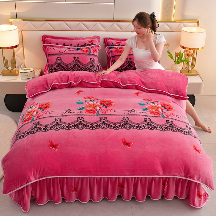 91家纺网 家纺一手货源 找家纺 爱洛家纺 2024新款高克重牛奶绒印花四件套 花梦里