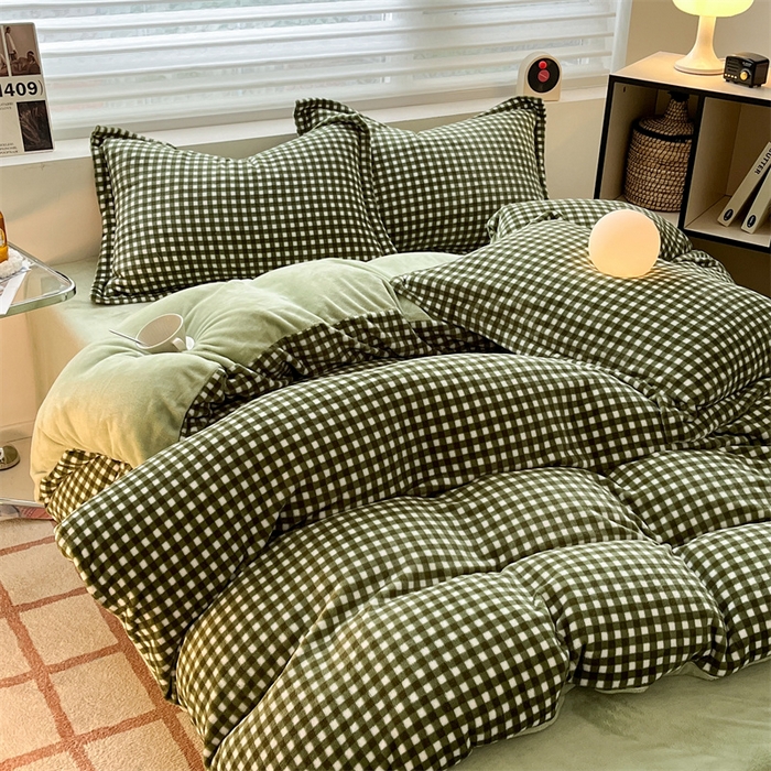 91家纺网 家纺一手货源 找家纺 启程家纺 2024新款无印风A类牛奶绒四件套 小格子-抹茶绿