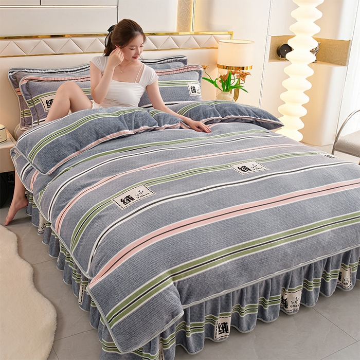 91家纺网 家纺一手货源 找家纺 爱洛家纺 2024新款高克重牛奶绒印花四件套 彩色条纹