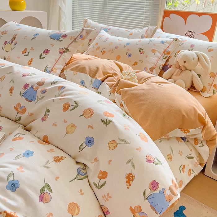 91家纺网 家纺一手货源 找家纺 2024新款全棉印花磨毛系列四件套 小兔庄园